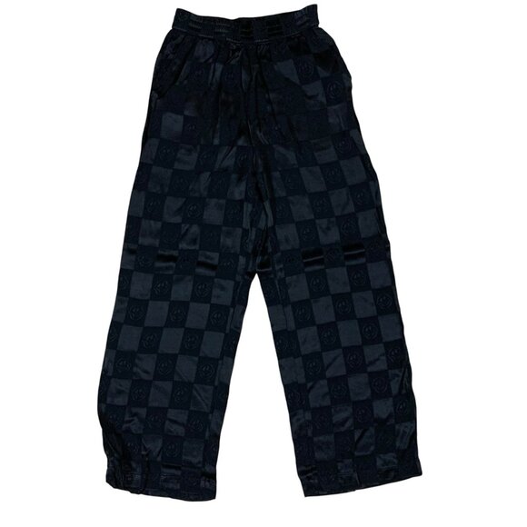 Urban Revivo S Black Satin Check Pants Wide Leg Y2K Grunge Statement Lounge - Picture 1 of 4